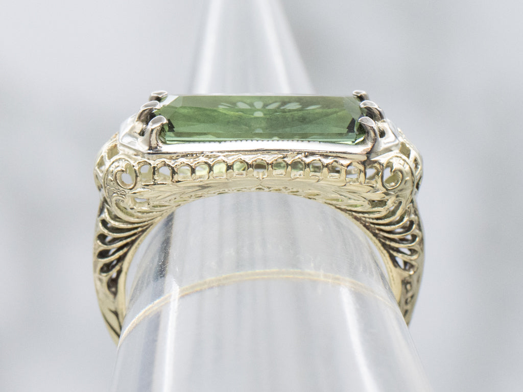 Antique East-to-West Set Green Tourmaline Filigree Ring
