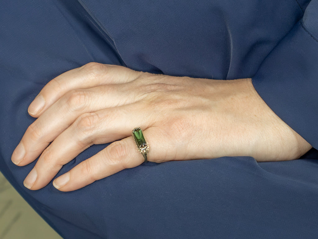 Antique East-to-West Set Green Tourmaline Filigree Ring