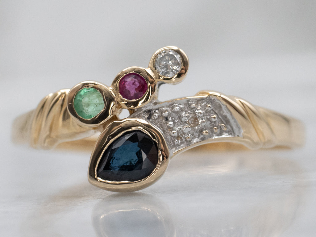 Modern Gold Sapphire Diamond Ruby and Emerald Bypass Ring