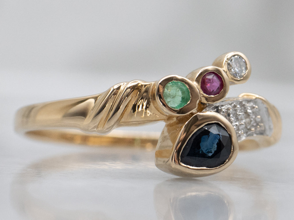Modern Gold Sapphire Diamond Ruby and Emerald Bypass Ring