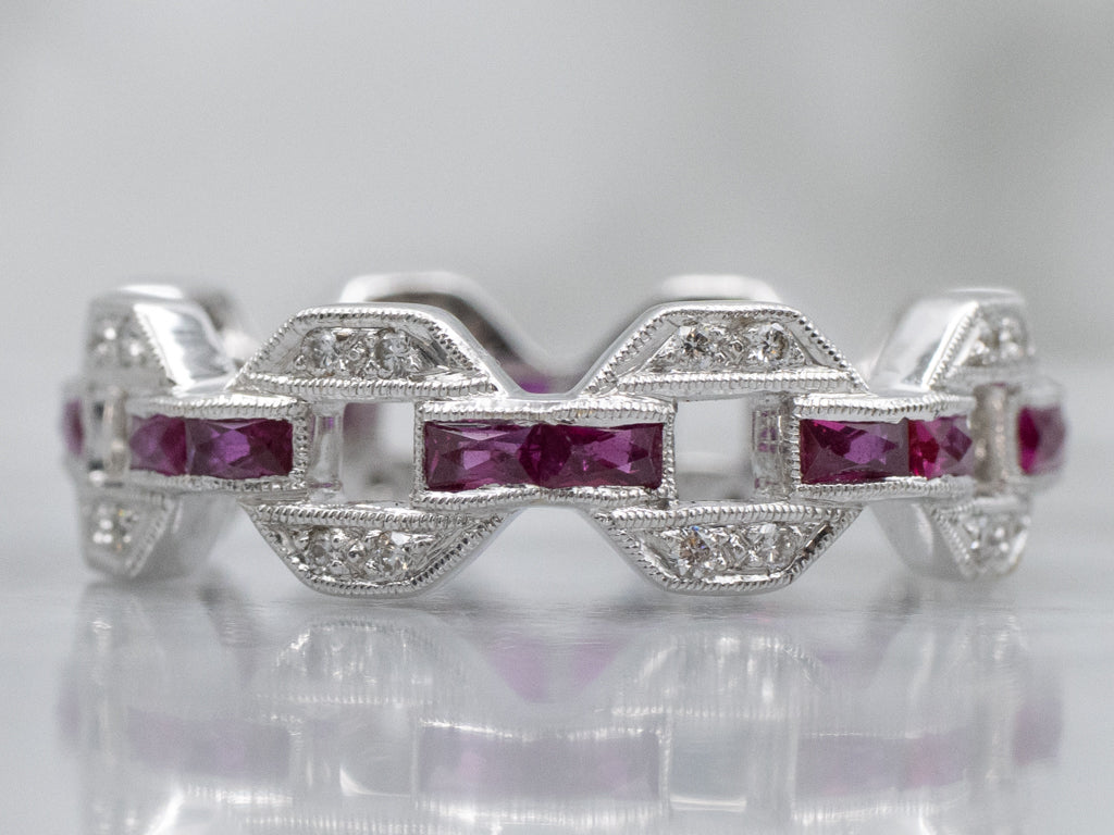 Modern Diamond and Baguette-Cut Ruby White Gold Eternity Band