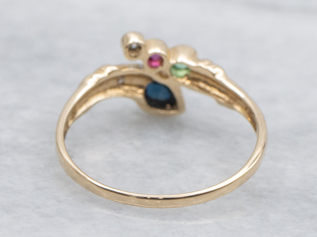 Modern Gold Sapphire Diamond Ruby and Emerald Bypass Ring
