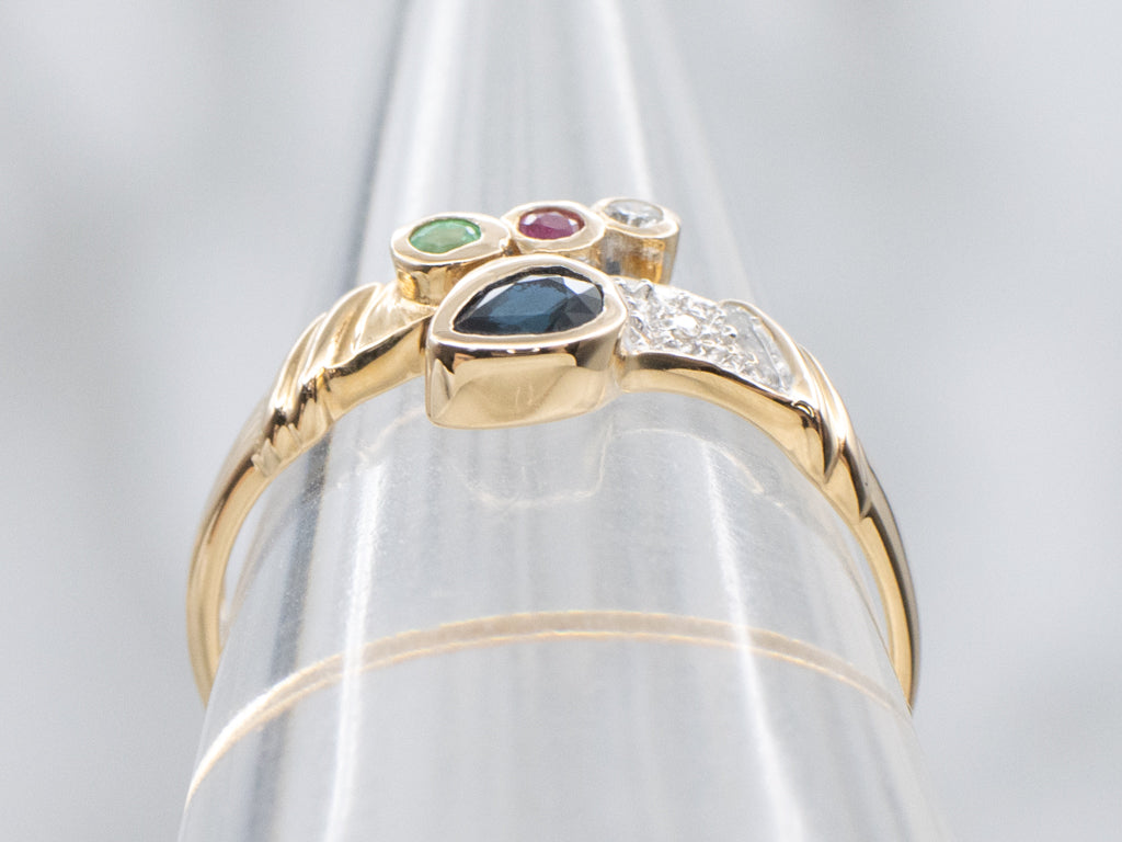 Modern Gold Sapphire Diamond Ruby and Emerald Bypass Ring