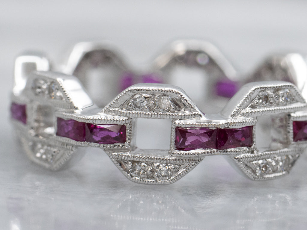 Modern Diamond and Baguette-Cut Ruby White Gold Eternity Band