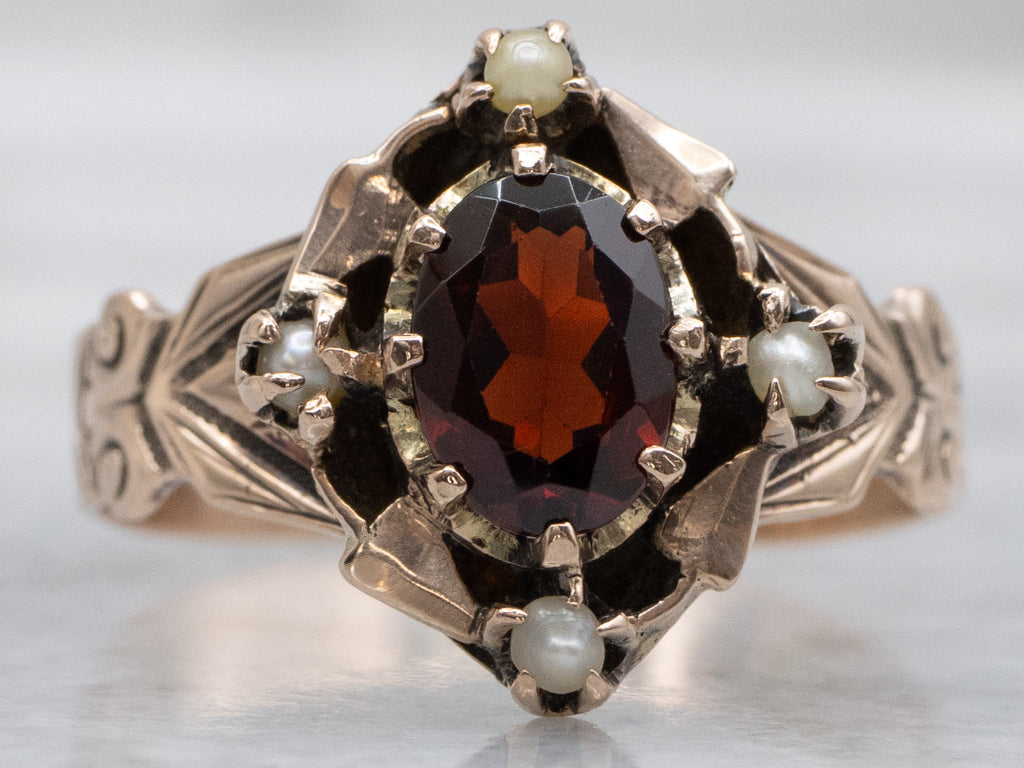 Victorian-Era Rose Gold Garnet and Seed Pearl Dinner Ring