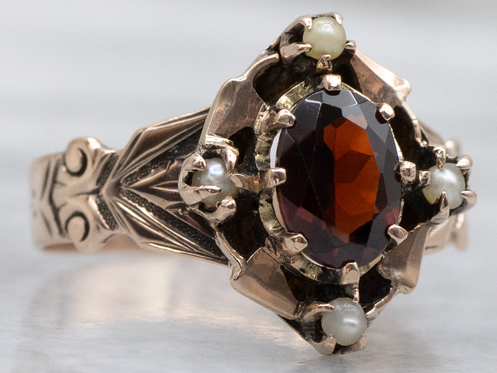 Victorian-Era Rose Gold Garnet and Seed Pearl Dinner Ring
