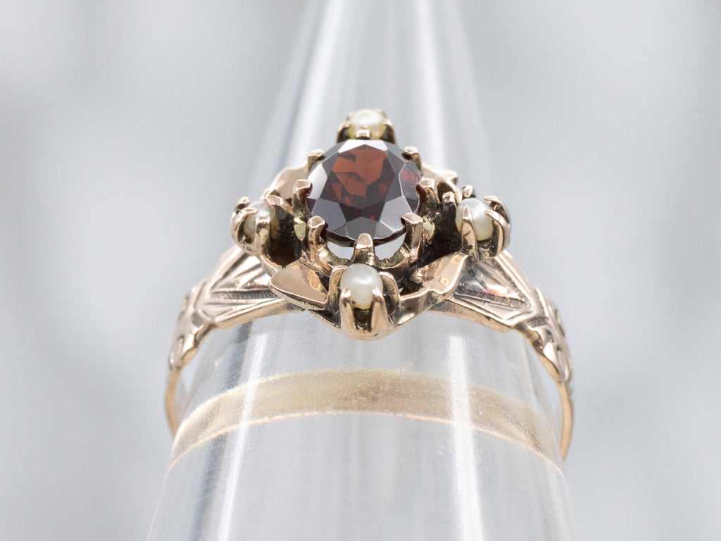 Victorian-Era Rose Gold Garnet and Seed Pearl Dinner Ring