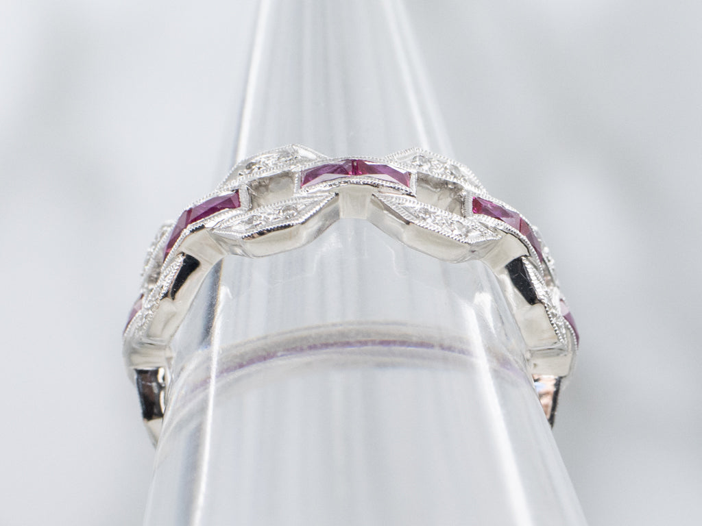 Modern Diamond and Baguette-Cut Ruby White Gold Eternity Band