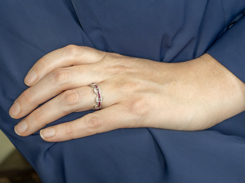 Modern Diamond and Baguette-Cut Ruby White Gold Eternity Band
