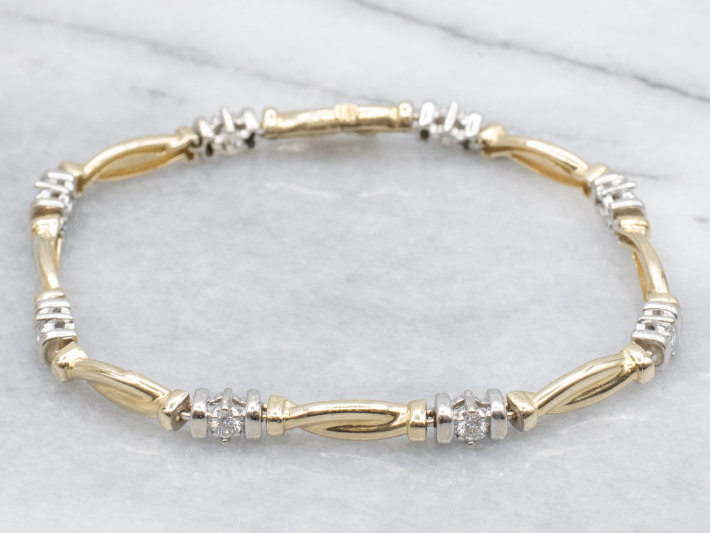 Diamond Two-Tone Gold Twisted Bar Link Bracelet