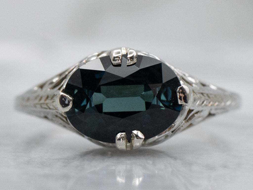 Antique East-to-West Set Indicolite Tourmaline Gold Filigree Solitaire Ring