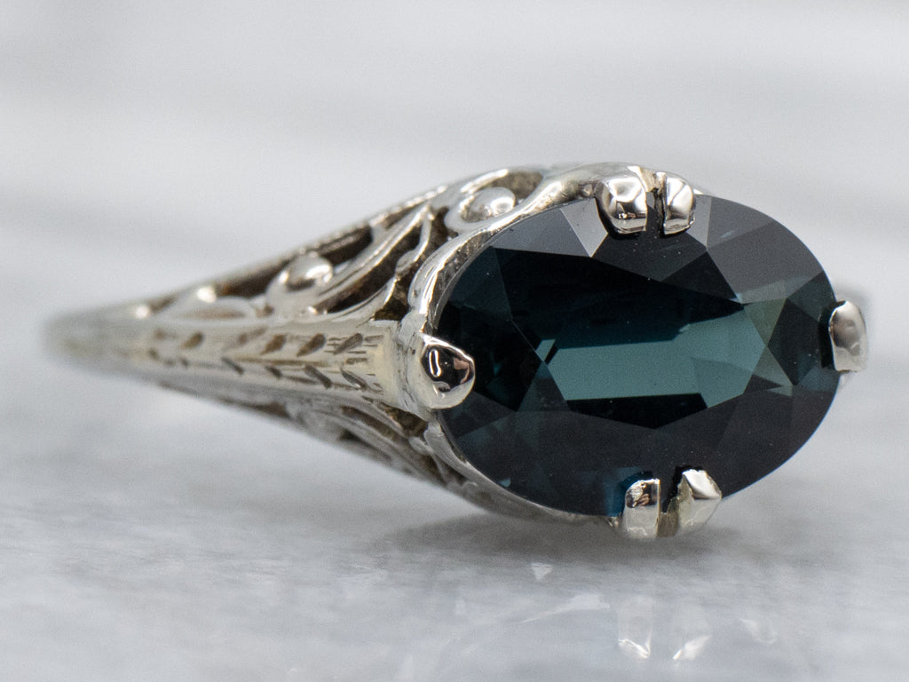 Antique East-to-West Set Indicolite Tourmaline Gold Filigree Solitaire Ring