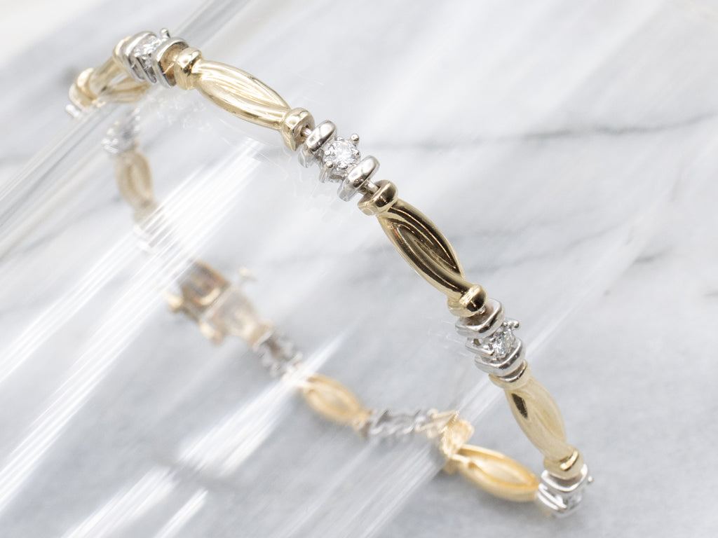 Diamond Two-Tone Gold Twisted Bar Link Bracelet
