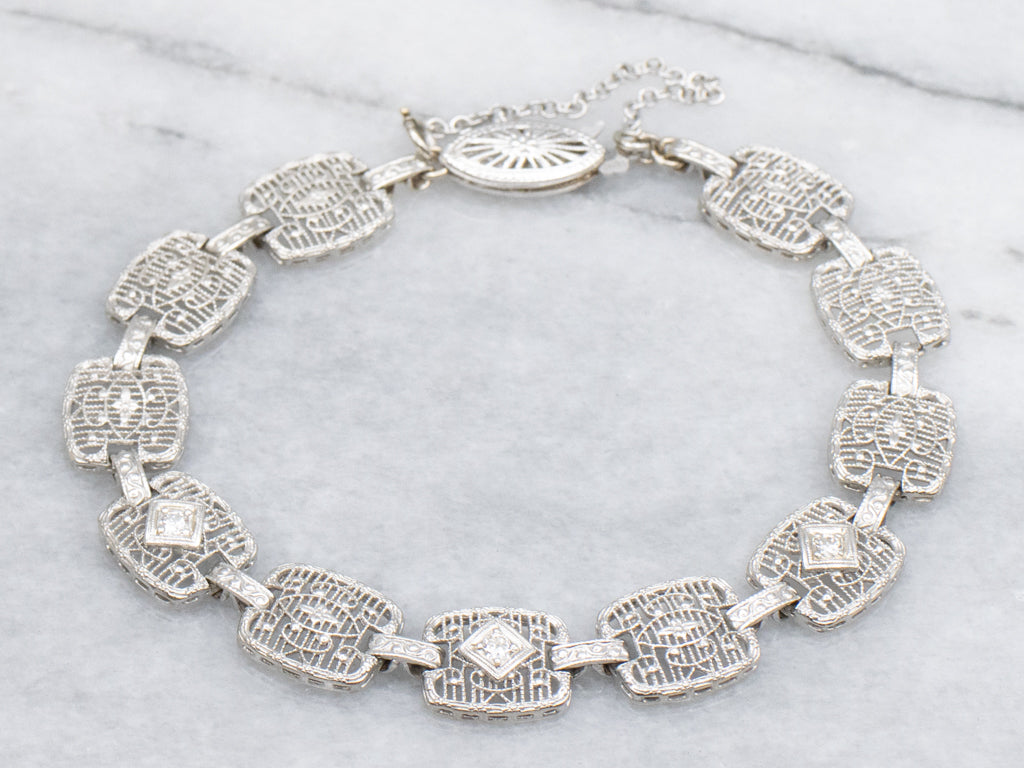 Art Deco Era Floral Filigree Link Bracelet with Diamonds
