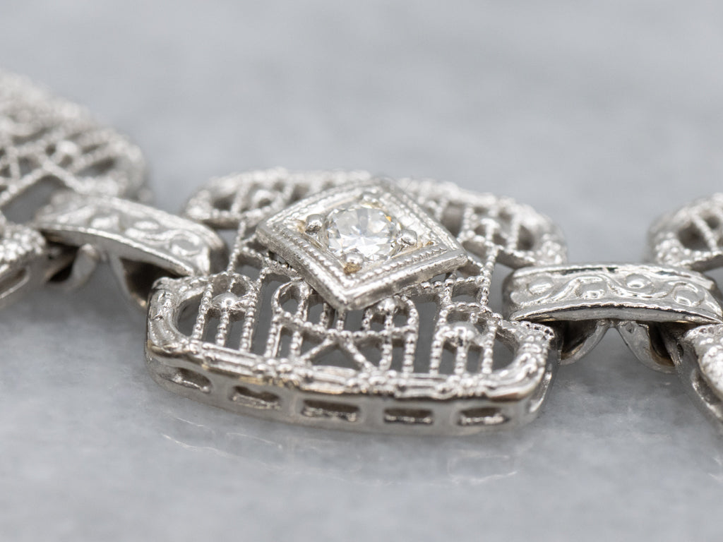 Art Deco Era Floral Filigree Link Bracelet with Diamonds