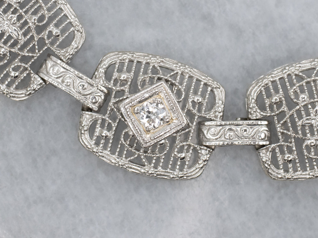 Art Deco Era Floral Filigree Link Bracelet with Diamonds