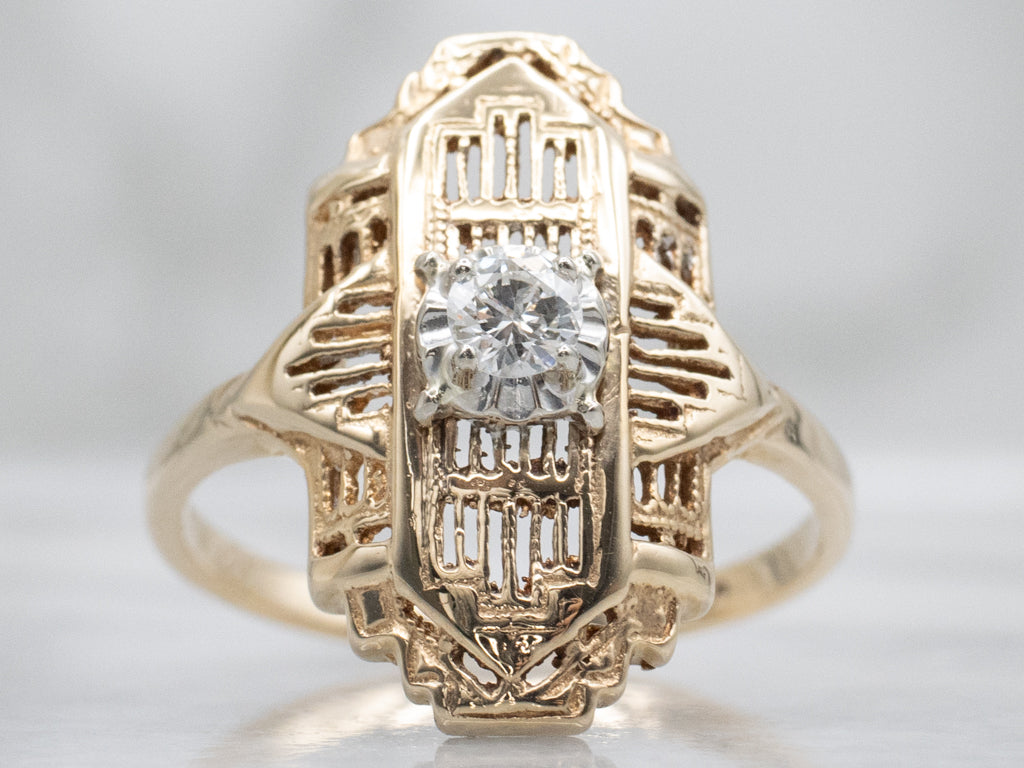 Vintage Two-Tone Gold Diamond Filigree Dinner Ring