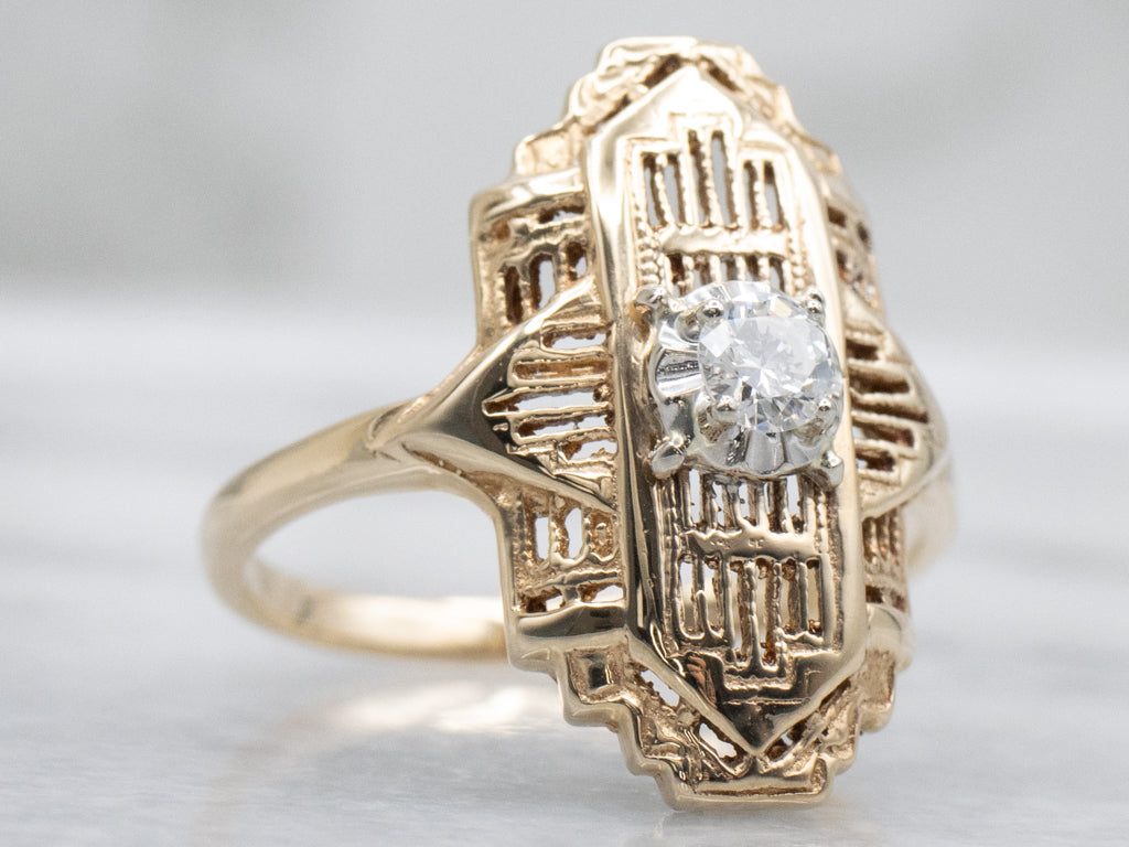 Vintage Two-Tone Gold Diamond Filigree Dinner Ring
