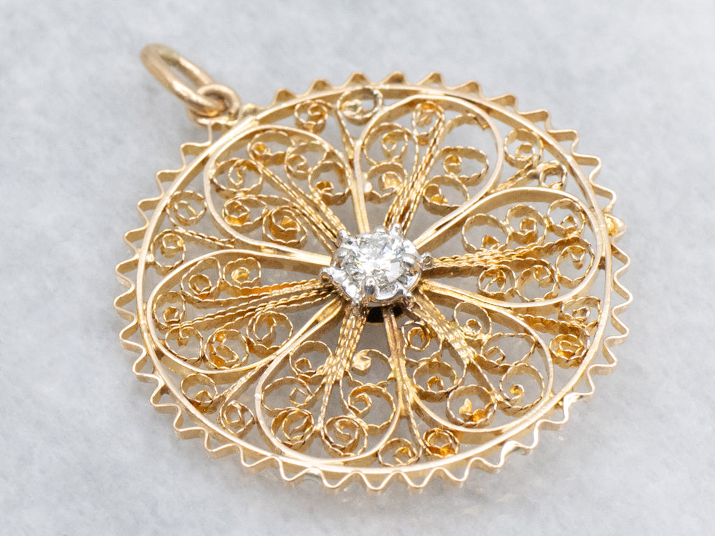 Quilled Gold Filigree Brilliant Diamond Pendant