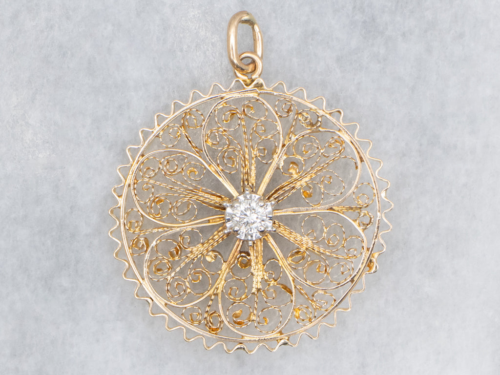Quilled Gold Filigree Brilliant Diamond Pendant
