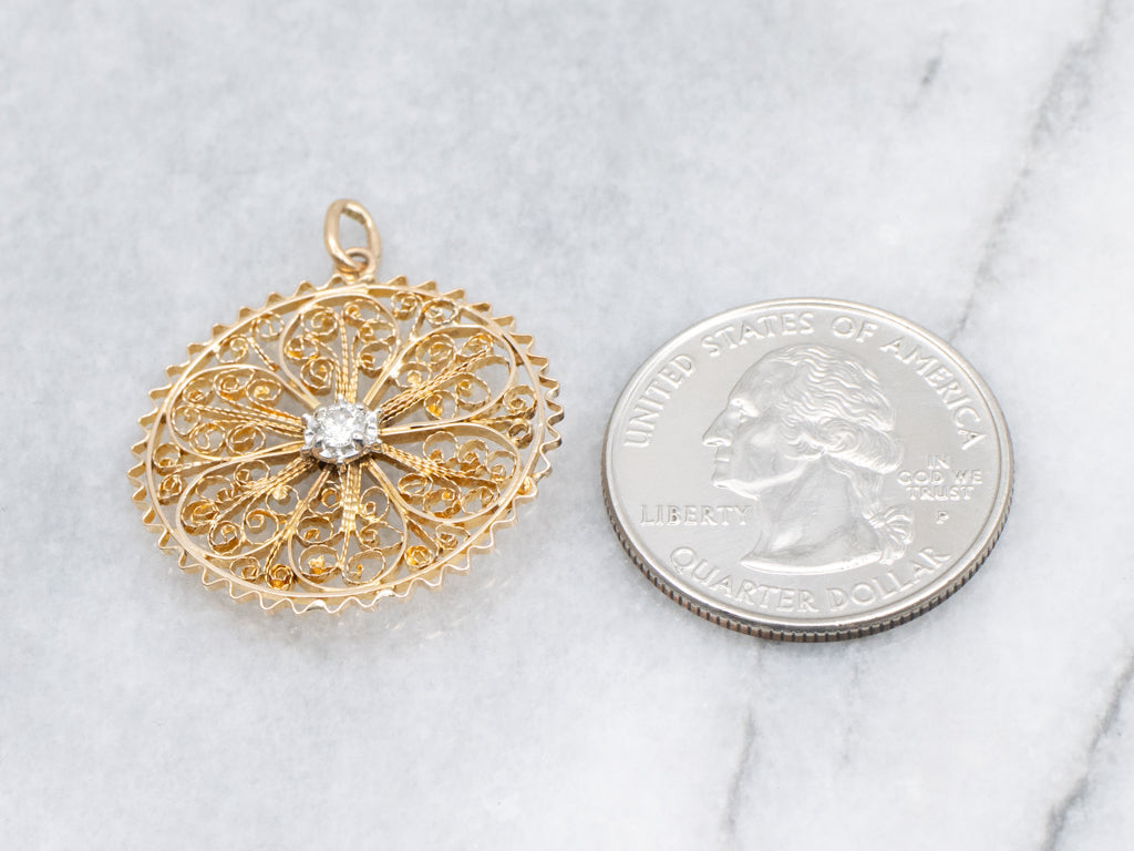 Quilled Gold Filigree Brilliant Diamond Pendant