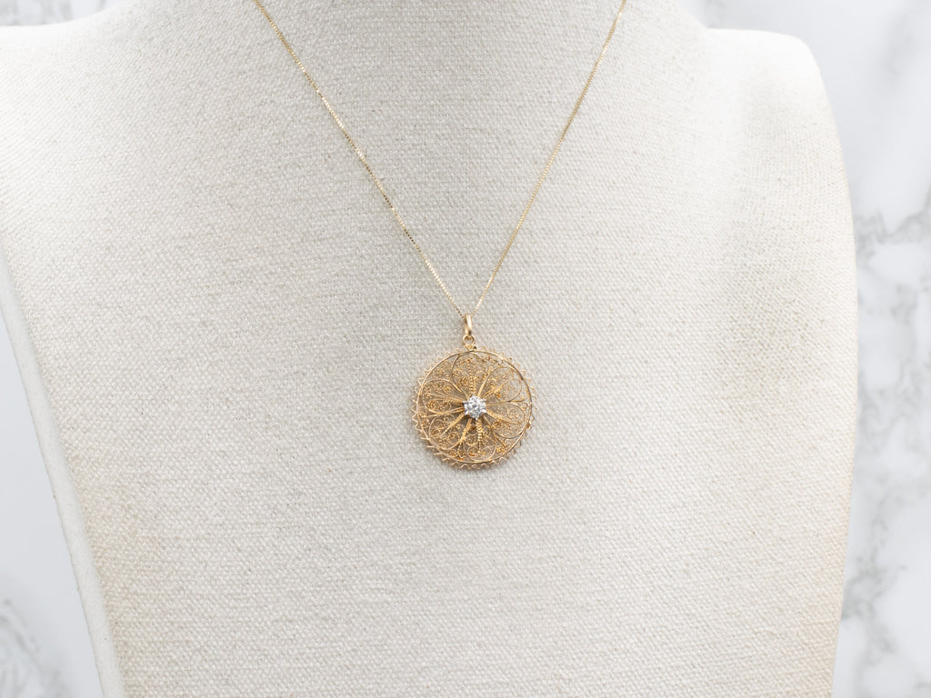 Quilled Gold Filigree Brilliant Diamond Pendant