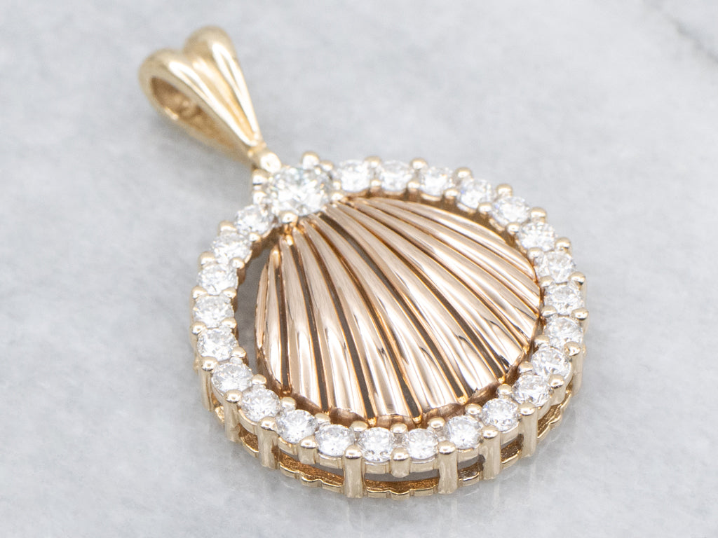 Yellow Gold Seashell and Diamond Halo Pendant