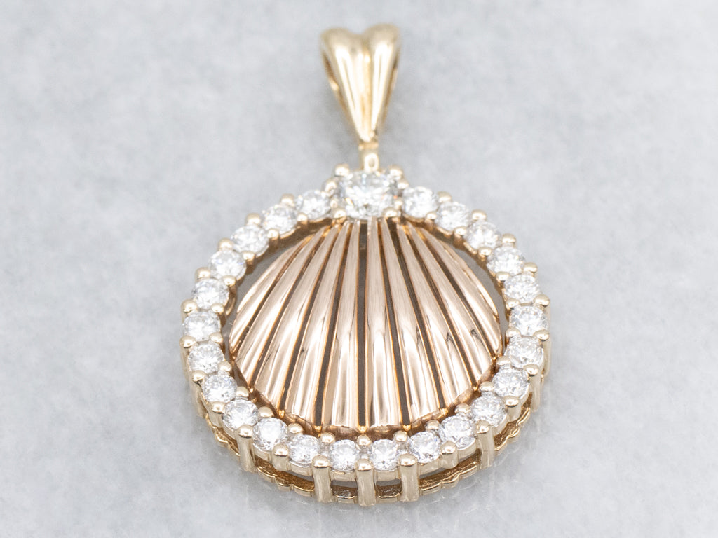 Yellow Gold Seashell and Diamond Halo Pendant