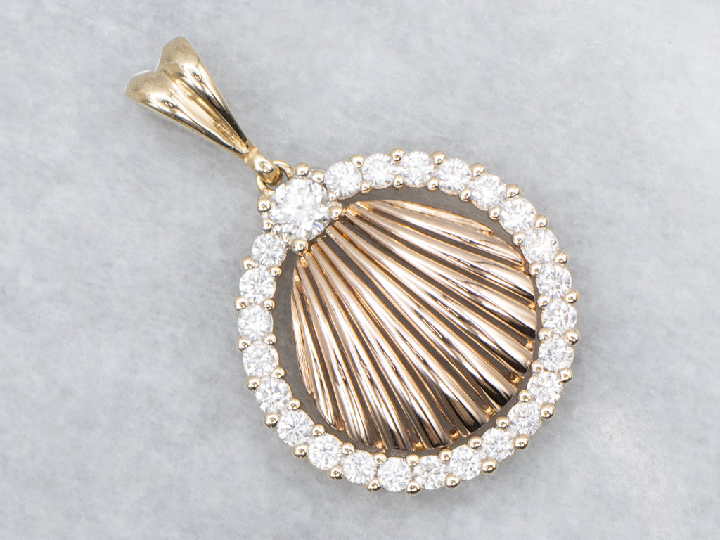 Yellow Gold Seashell and Diamond Halo Pendant