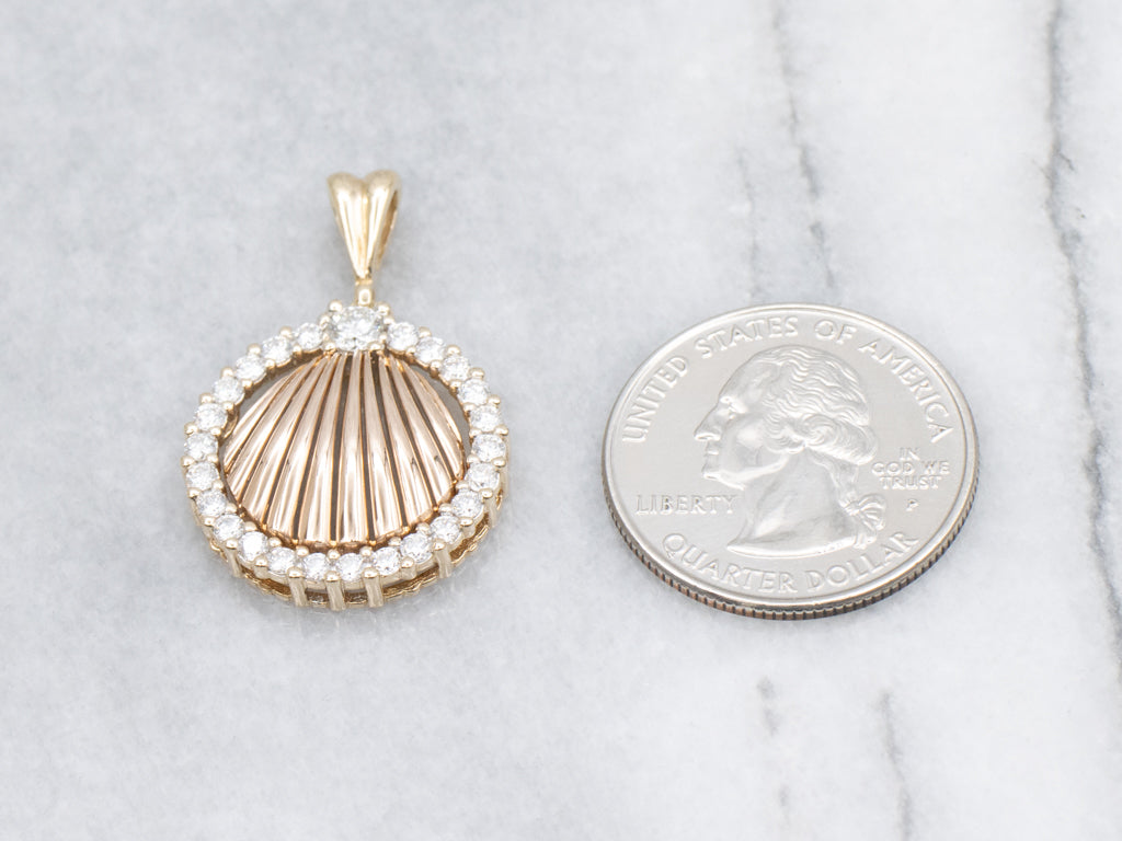Yellow Gold Seashell and Diamond Halo Pendant