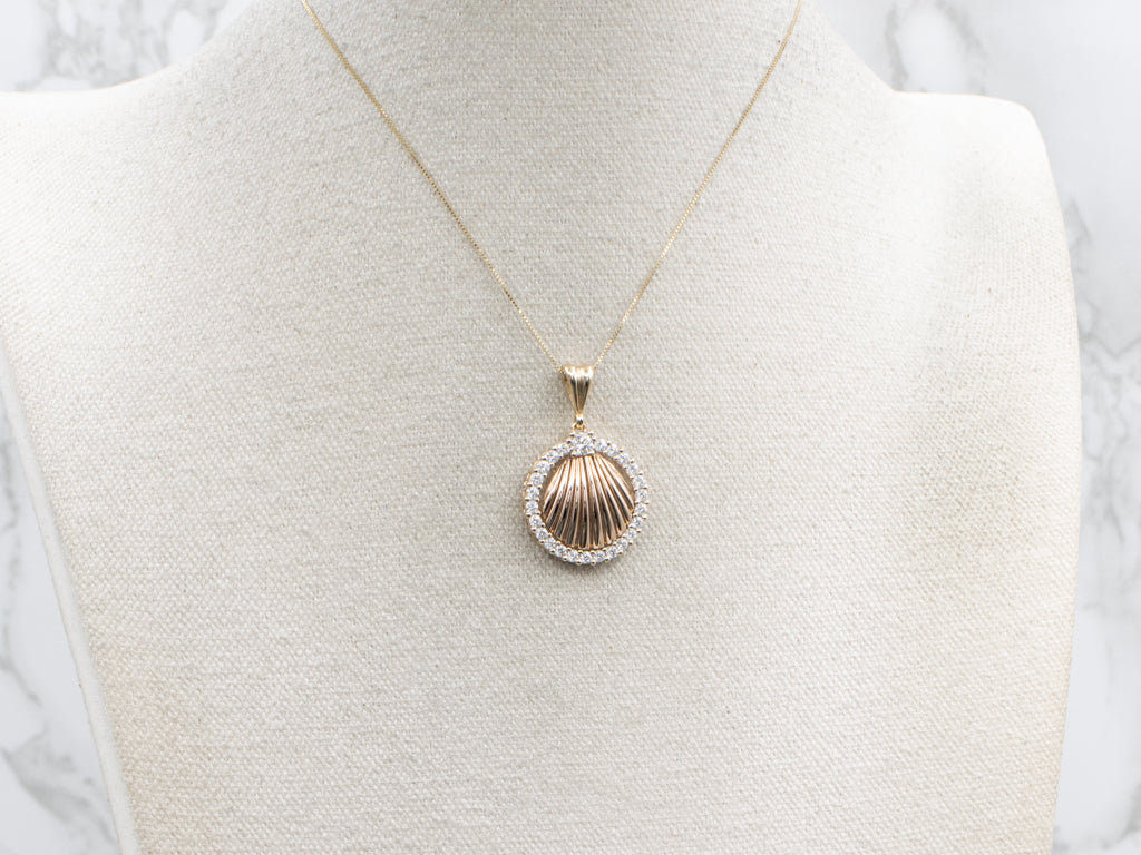 Yellow Gold Seashell and Diamond Halo Pendant