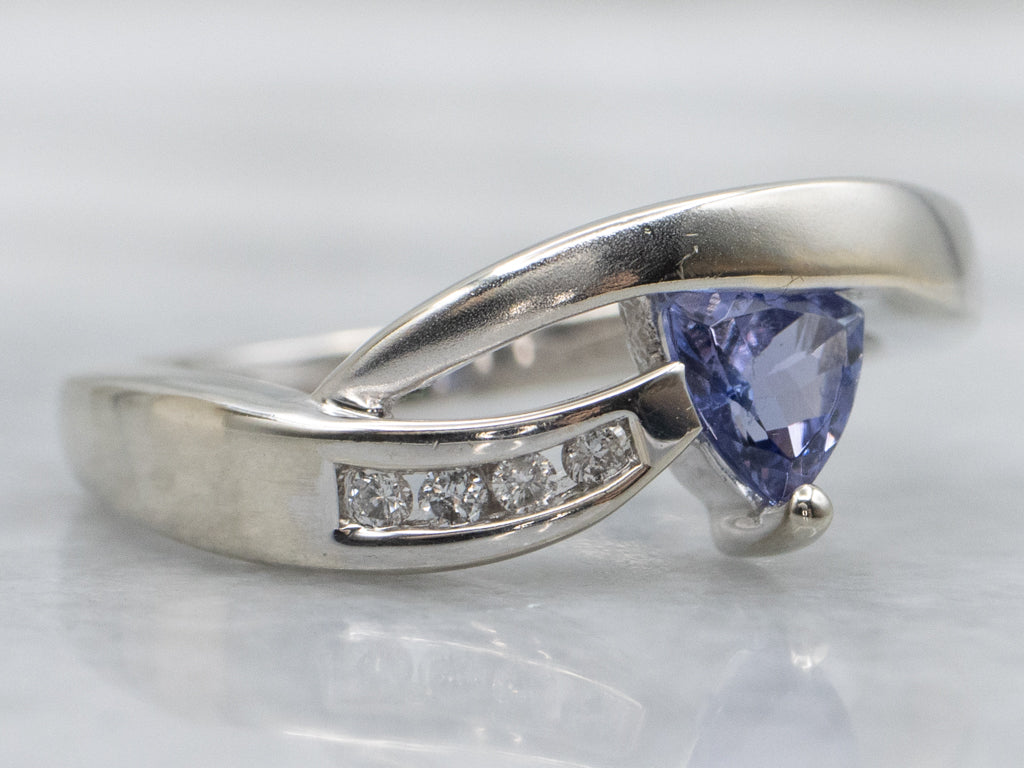 Modern Trillion-Cut Tanzanite and Diamond Bypass Ring