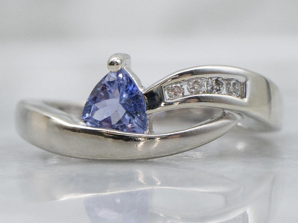 Modern Trillion-Cut Tanzanite and Diamond Bypass Ring