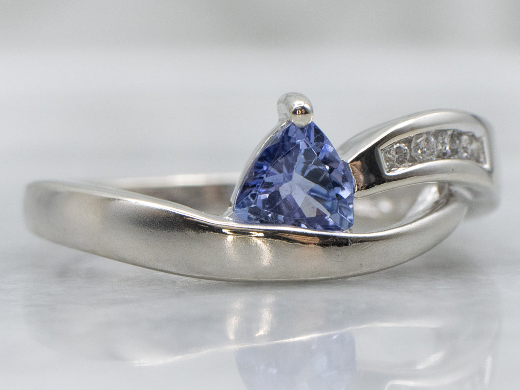 Modern Trillion-Cut Tanzanite and Diamond Bypass Ring