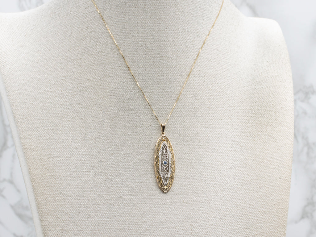Two-Tone Gold Sapphire Filigree Pendant
