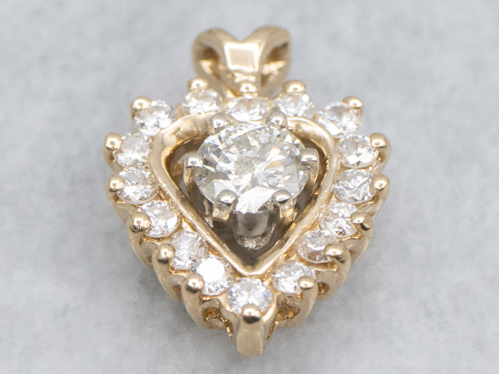 Round-Brilliant Diamond Heart Halo Gold Pendant