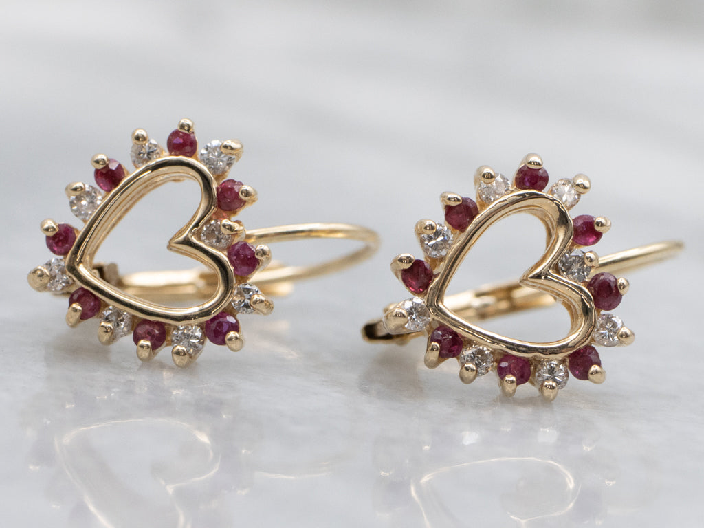Ruby and Diamond Heart Yellow Gold Earrings