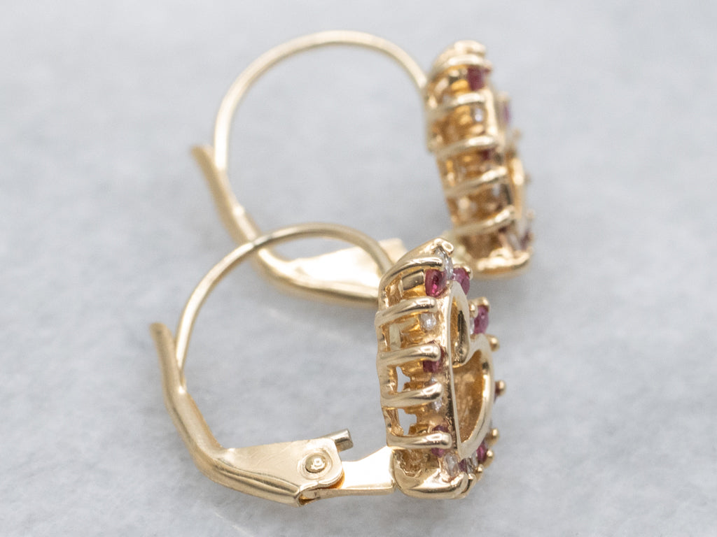 Ruby and Diamond Heart Yellow Gold Earrings