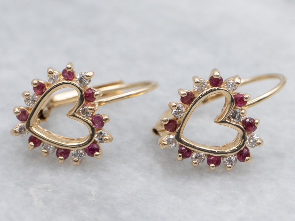 Ruby and Diamond Heart Yellow Gold Earrings