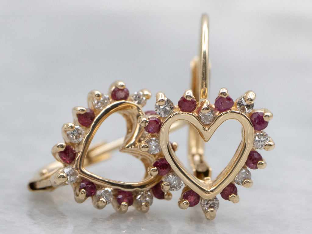 Ruby and Diamond Heart Yellow Gold Earrings