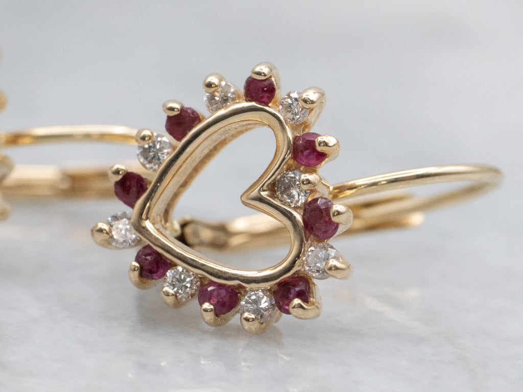 Ruby and Diamond Heart Yellow Gold Earrings