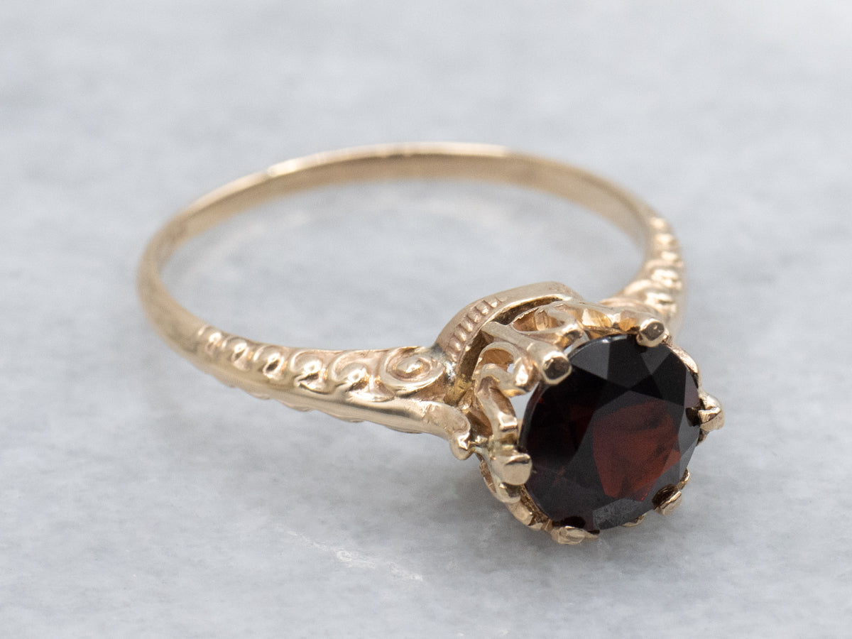 Deep Red Garnet Engraved Gold Solitaire Ring