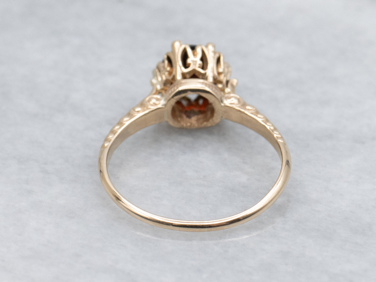 Deep Red Garnet Engraved Gold Solitaire Ring