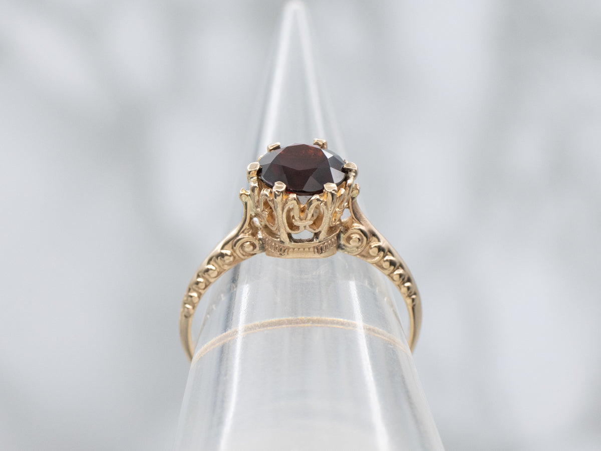 Deep Red Garnet Engraved Gold Solitaire Ring