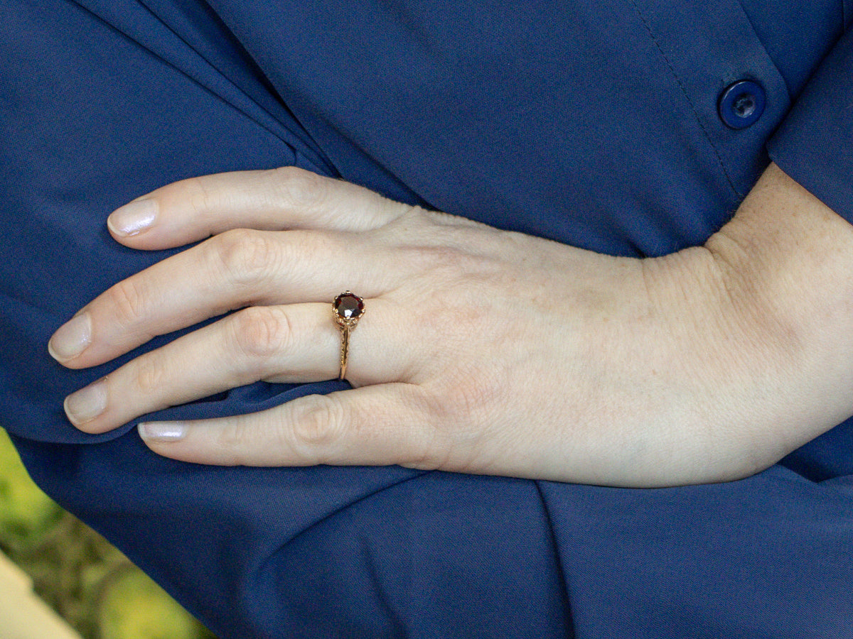Deep Red Garnet Engraved Gold Solitaire Ring