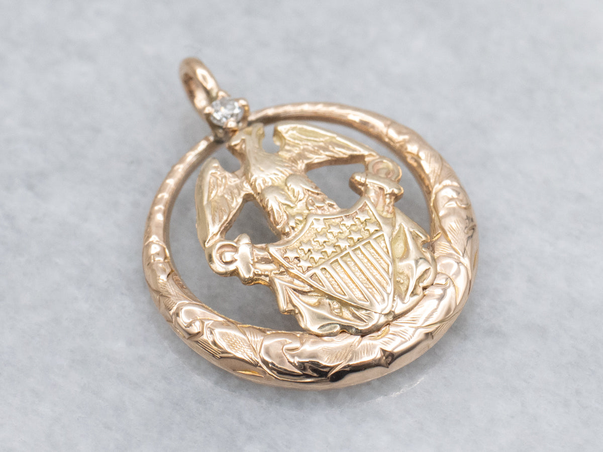 Diamond U.S. Navy Coat of Arms Engraved Gold Pendant