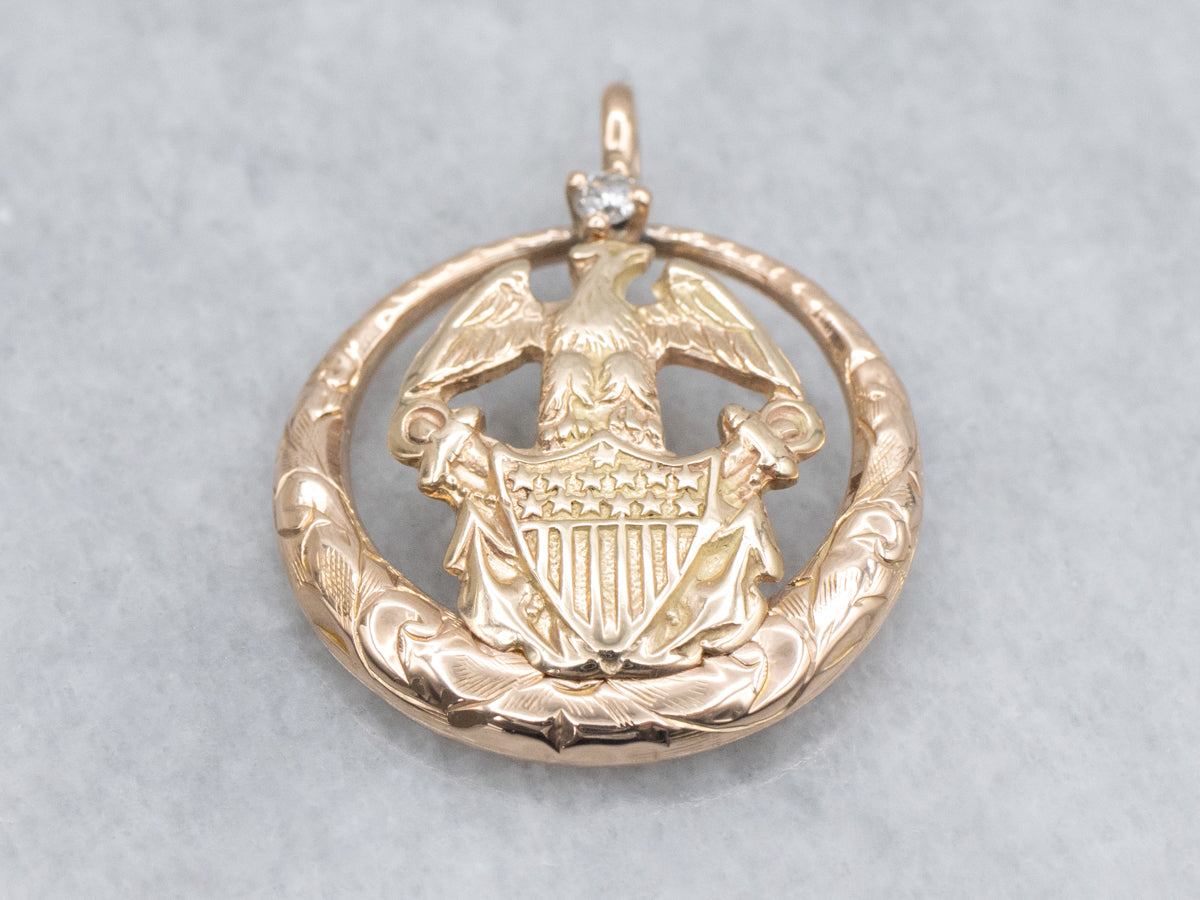 Diamond U.S. Navy Coat of Arms Engraved Gold Pendant
