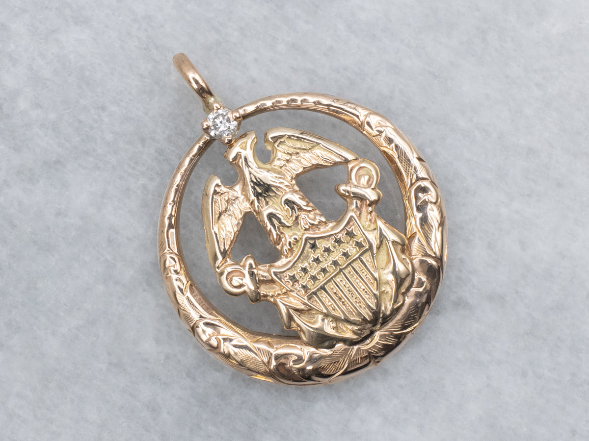 Diamond U.S. Navy Coat of Arms Engraved Gold Pendant