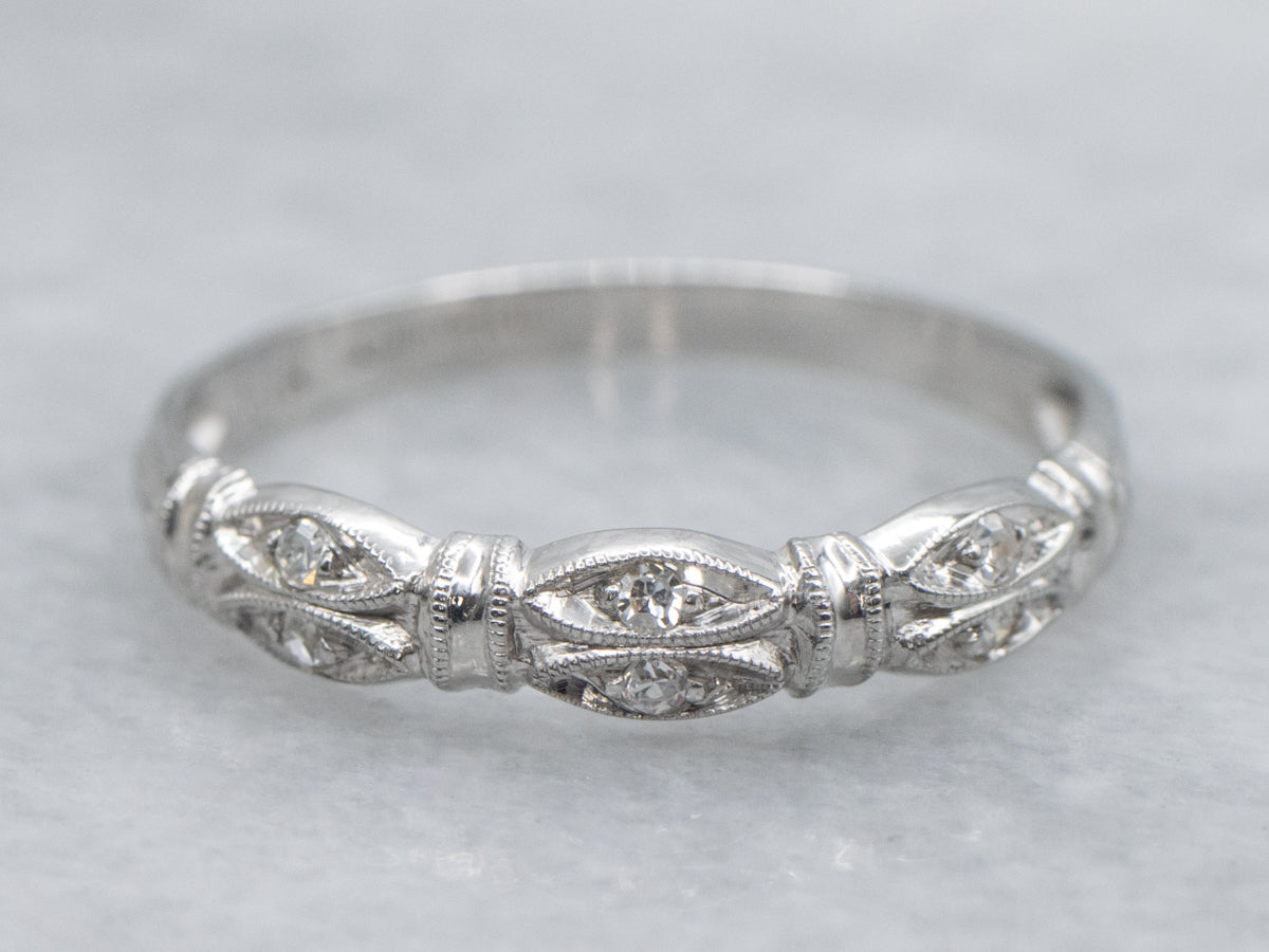 Vintage Diamond White Gold Milgrain Wedding Band