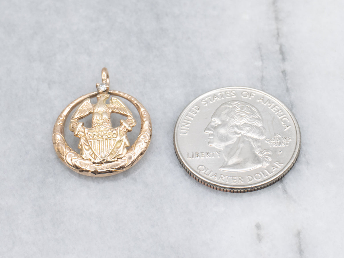 Diamond U.S. Navy Coat of Arms Engraved Gold Pendant